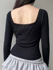 Hnewly - summer inspo Korean Fashion Shirring Bow Square Collar Slim Long Sleeve Black T Shirt Women White Solid Basic Cute Japanese Top Tee