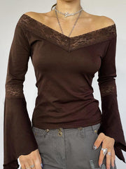 Hnewly Lace Off Shoulder Bell Sleeve Top