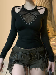 Hnewly - summer inspo Darkly Punk Cothic Women Long Sleeve T-Shirt Patchwork Chic Fabric Cut Out O-Neck Top Tees Slim Sexy Solid Tops