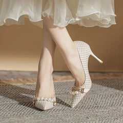 Hnewly Plus Size 41 Woman Pumps Pointed Toe Pearls Chain High Heels Dress Shoes Houndstooth Stilettos Plaid Boat Shoes for Female