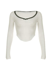 Hnewly Lace Bow Contrast Ribbed Top