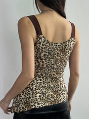 Hnewly - summer inspo Contrast Patchwork Leopard Print Slim Asymmetrical Tank Vest Female V Neck Y2K Summer Camisole Tops