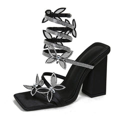Hnewly Fashion Design Crystal Butterfly Snake Coiled Women Sandals Sexy Square Toe Chunky Thick Heels Summer Party Prom Shoes