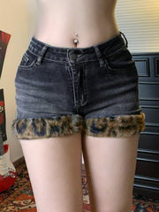 Hnewly - summer inspo Fashion Y2k Leopard Faux Fur Spliced Jean Shorts Women Chic Trendy Street Shorts Retro Exquisite