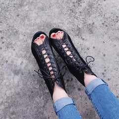 Hnewly Lace-Up Sandals Heels 9CM Women's Shoes Summer Trend Black Sexy Peep Toe Boots Fashion Cloth Stilettos Jazz Dance Female