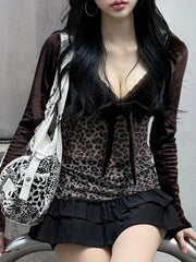 Hnewly - Y2k Retro Leopard Lace Trim V-Neck Blouses Women Velvet Long Sleeve Chic T-Shirt Trendy Clothes Autumn New
