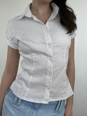 Hnewly - summer inspo White Stripe Puff Short Sleeve Button Shirts For Women Basic Simple Casual Seumme Preppy Tops Y2K Korean Clothes