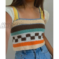 2000S Aesthetic Knitted Top New Summer Women Square Neck Contrast Color Crochet Tanks Y2K Fairy