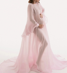 Hnewly Maternity Photography Props Dress Elegant Glossy Pink Organza Ruffled Sleeves Floor Length Gown Pregnant Woman Baby Shower Dress