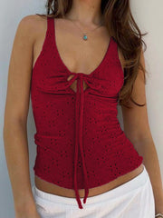 Hnewly - summer inspo Christmas Red Lace Up Cut Out Women’s Tanks Sleeveless Design V-Neck Backless Exquisite Blouses