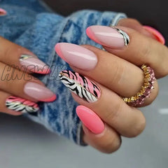 24Pcs Almond False Nails Long French Stiletto Fake With Leopard Print Design Full Cover Press On