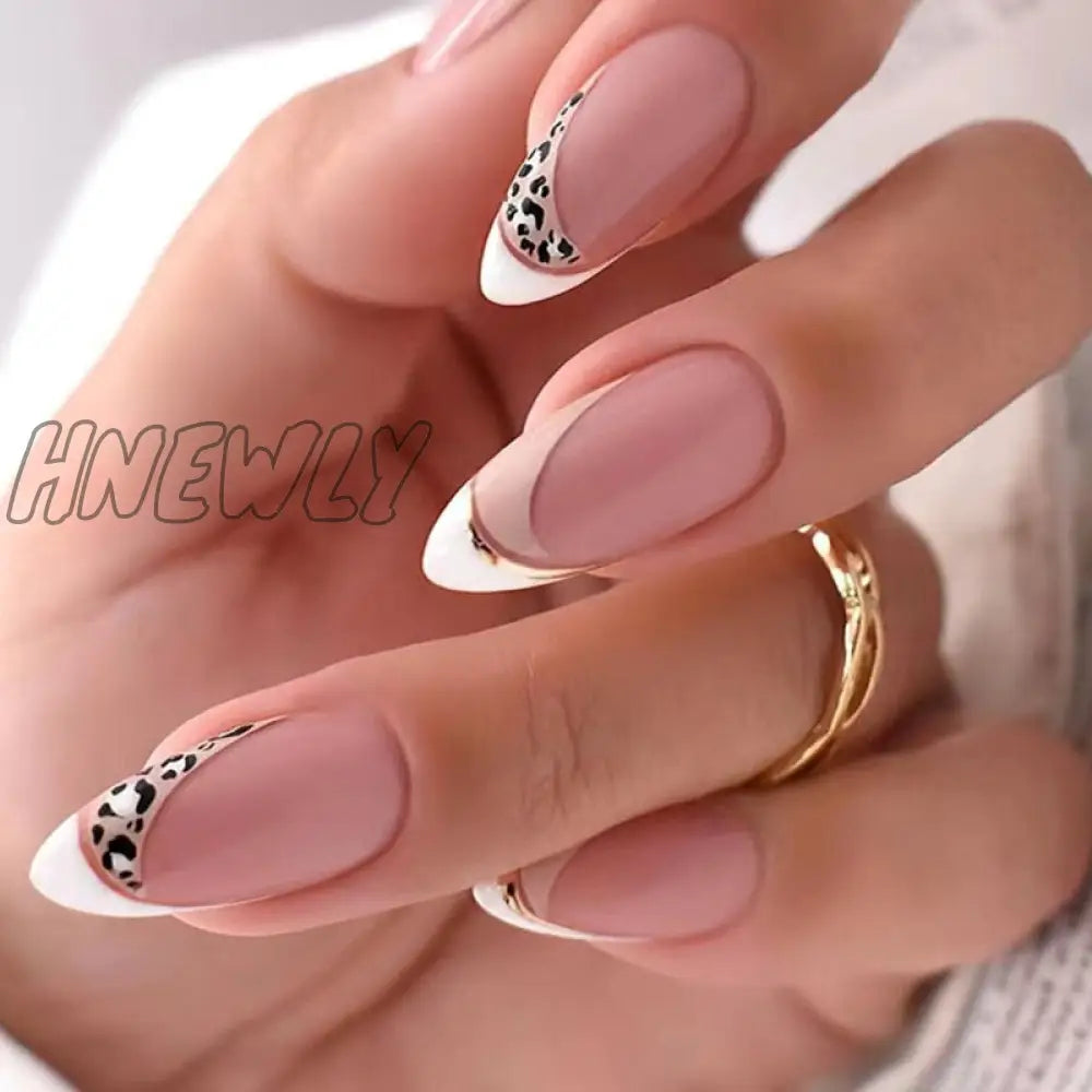 24Pcs Almond False Nails Long French Stiletto Fake With Leopard Print Design Full Cover Press On