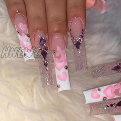 24Pcs Long Square Press On Nails Love Pattern Design Artifical Coffin False Nail Brown French