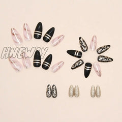 24Pcs Long Stiletto Press On Nails Box Acrylic False With Almond Designs Black Gold Foil French