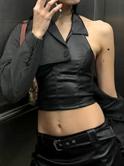 Hnewly - summer inspo Hot Sexy Gyaru Slim Fit Leather Short Tops Women Halter Up Turn Down Collar Fashion Trendy Backless Design Tanks