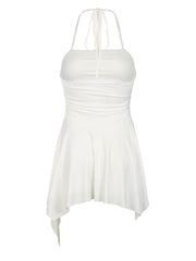 Hnewly - wedding guest outfit Backless Halter Lace Up Sexy Boho Asymmetrical Short Dress For Women Sleeveless Skinny A Line Rave Baddie Vacation Outfits