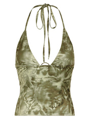 Hnewly - summer inspo Retro Forest Green Tie Dye Print Summer Boho Camisole Seeveless Backless Tie Halter V Neck Sexy Crop Top Women Vacation Shirts