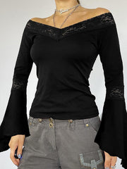 Hnewly Lace Off Shoulder Bell Sleeve Top