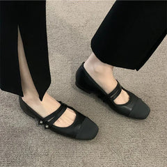 Hnewly New Women's Flats Patchwork Double Buckle Mary Janes Shoes Black Toe Leather Shoes For Female Spring Autumn Zapatos Mujer