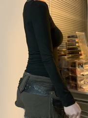 Hnewly - summer inspo Darkly Punk Cothic Women Long Sleeve T-Shirt Patchwork Chic Fabric Cut Out O-Neck Top Tees Slim Sexy Solid Tops