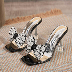 Hnewly Big Size 44 45 46 Women Shoes Clear High Heels Modern Slippers Street Sexy Crystal Bowknot Square Toe Transparent Sandals