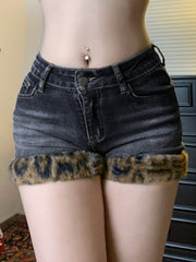 Hnewly - summer inspo Fashion Y2k Leopard Faux Fur Spliced Jean Shorts Women Chic Trendy Street Shorts Retro Exquisite