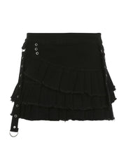 Hnewly - summer inspo Punk Gothic Black Eyelet Ribbon Denim Skirt Women Low Waist Asymmetrical Tiered Pleated Short Jean Skirts Y2K
