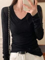 Hnewly Ribbed V Neck Slim Long Sleeve Knit