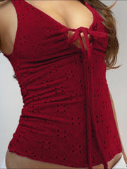 Hnewly - summer inspo Christmas Red Lace Up Cut Out Women’s Tanks Sleeveless Design V-Neck Backless Exquisite Blouses