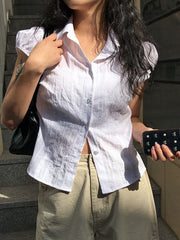 Hnewly - summer inspo White Solid Single Breasted Turn Down Collar Casual Shirts Women Simple Puff Sleeve Japanese Y2K Preppy Summer Tops