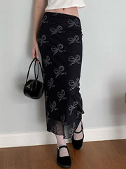 hnewly - Vintage Bow Print Mesh Midi Skirt hnewly