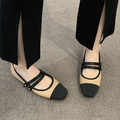 Hnewly New Women's Flats Patchwork Double Buckle Mary Janes Shoes Black Toe Leather Shoes For Female Spring Autumn Zapatos Mujer