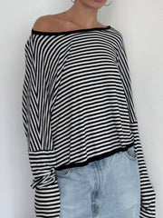 Hnewly - summer inspo Twist Backless Loose Casual Stripe Long Sleeve T Shirt Women Contrast Binding O Neck Minimalist Pullover Tops