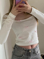 Hnewly Bow Splice Square Neck Long Sleeve Tee