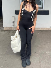 Hnewly - summer inspo Black Solid Sleeveless Skinny Sexy Flared Jumpsuits Women Lace Trim Tie Bow Cute Sweet Y2K Slip Rompers
