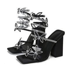 Hnewly Fashion Design Crystal Butterfly Snake Coiled Women Sandals Sexy Square Toe Chunky Thick Heels Summer Party Prom Shoes