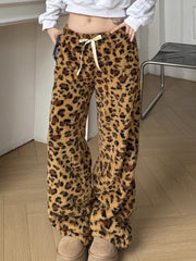 Hnewly - outfit ideas Leopard Velvet Women Loose Long Pants Bow Y2k Retro Fashion Chic Warm Autumn New Trousers Design Street Style