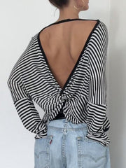 Hnewly - summer inspo Twist Backless Loose Casual Stripe Long Sleeve T Shirt Women Contrast Binding O Neck Minimalist Pullover Tops