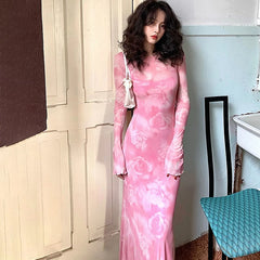 Hnewly Women Dresses Autumn Slim New 2 Piece Set Casual O-Neck Dresses Streetwear Fashion Tie Dye Lady Long Sleeves Pink Party Dress