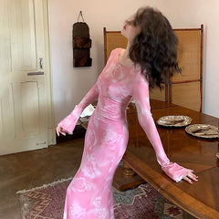 Hnewly Women Dresses Autumn Slim New 2 Piece Set Casual O-Neck Dresses Streetwear Fashion Tie Dye Lady Long Sleeves Pink Party Dress