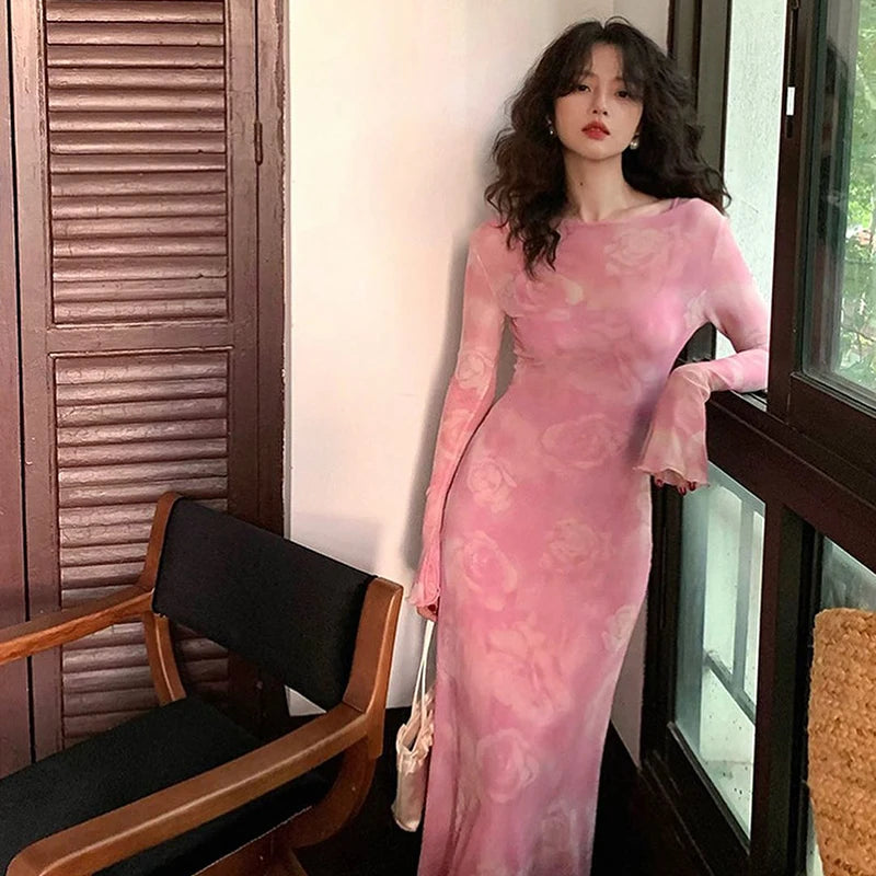 Women Dresses Autumn Slim New 2 Piece Set Casual O-Neck Dresses Streetwear Fashion Tie Dye Lady Long Sleeves Pink Party Dress