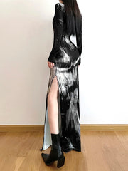 Hnewly DRESS TO IMPRESS Vintage Print Split Dresses V Neck Hollow Out Long Sleeve Women Party Dress Y2K Dark Academic Goth Grunge Fairycore