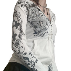 Hnewly y2k Hoodies Women Rhinestone Graphic Print Long Sleeve Hooded Coat Tops Gothic Grunge Sweatshirts 2000s Streetwear