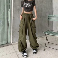 Hnewly Women Casual Joggers Tech Pants Solid Low Waist Pants Drawstring Wide Leg Baggy Trousers Y2k Streetwear Oversize Sweatpants
