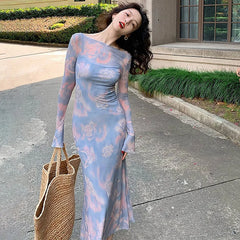 Hnewly Women Dresses Autumn Slim New 2 Piece Set Casual O-Neck Dresses Streetwear Fashion Tie Dye Lady Long Sleeves Pink Party Dress