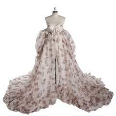 Hnewly Print Floral Off Shoulder Maternity Photoshoot Dress Front Slit Silk Organza Long Train Dress for Pregnant Woman