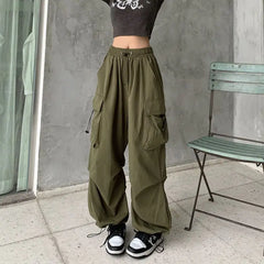 Hnewly Women Casual Joggers Tech Pants Solid Low Waist Pants Drawstring Wide Leg Baggy Trousers Y2k Streetwear Oversize Sweatpants