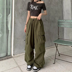 Hnewly Women Casual Joggers Tech Pants Solid Low Waist Pants Drawstring Wide Leg Baggy Trousers Y2k Streetwear Oversize Sweatpants