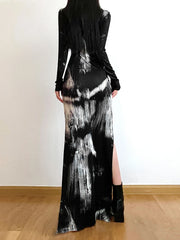 Hnewly DRESS TO IMPRESS Vintage Print Split Dresses V Neck Hollow Out Long Sleeve Women Party Dress Y2K Dark Academic Goth Grunge Fairycore