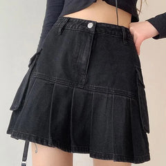 Hnewly Skirts Women Folds Denim Mini Sexy Kawaii Streetwear Korean Style Chic Casual A-Line Vintage Fashionable Harajuku Sweet Girls